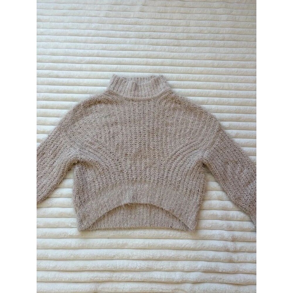 Dress Forum Fuzzy Cropped Turtleneck Sweater Beige Soft Knit Size S